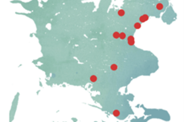 Kort over sjælland og øerne, hvor der er deltagende skole og institutioner er repræsenteret som en prik på kortet.